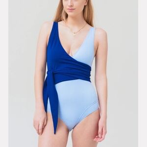 LISA MARIE FERNANDEZ louise maillot crepe two-tone blue one-piece swimsuit S